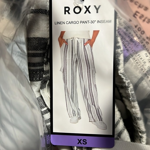 New Roxy Women's Linen Blend Cargo Pant white strips lightweight - Picture 7 of 7